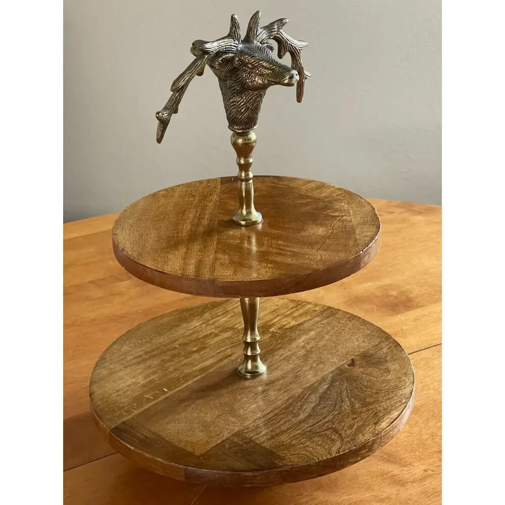 Vtg Pewter Stag Deer & Solid Wood Serving Pedestal Cupcake Platter Cake Dessert